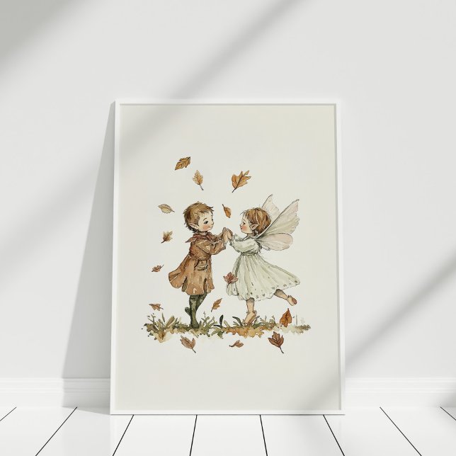 Vintage TanzElfen im Herbst Kunst Poster (Vintage Dancing Elves in Autumn Leaves Art Poster in a white frame on a white wooden floor.)