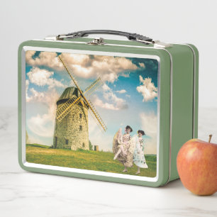 Vintage Tanzende Blumenmädchen und Windmühle Metall Brotdose