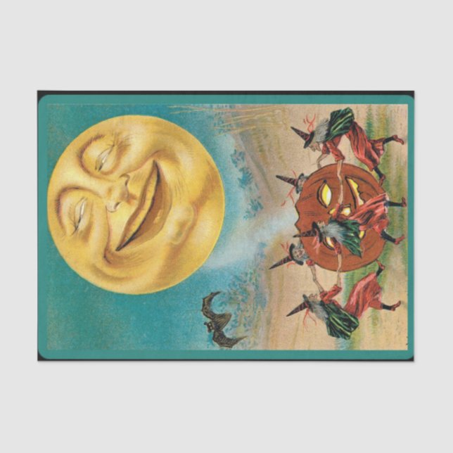 Vintage Tanzhexen Vollmond Kürbislaterne Seidenpapier (Vorderseite)