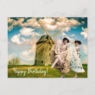 Vintage Tanzmädchen und Windmühle Geburtstag Postkarte