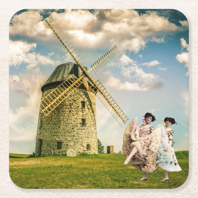 Vintage Tanzmädchen und Windmühle Rechteckiger Pappuntersetzer (Vorderseite)