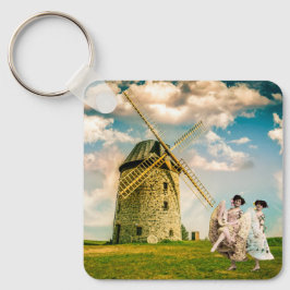 Vintage Tanzmädchen und Windmühle Schlüsselanhänger