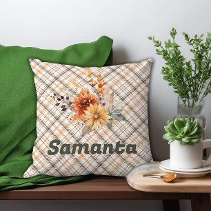 Vintage-Tartan-Wasserfarbe-Wildblume-grüner Name Kissen