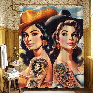 Vintage-Tätowierte Cowgirls Duschvorhang
