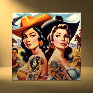 Vintage-Tätowierte Cowgirls Fliese