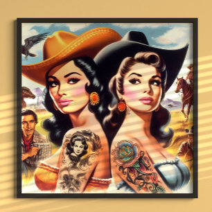 Vintage-Tätowierte Cowgirls Poster