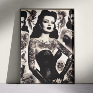 Vintage-Tätowierte-Goth-Frau-Collage Poster