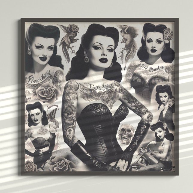 Vintage-Tätowierte-Goth-Frau-Collage Poster (Von Creator hochgeladen)