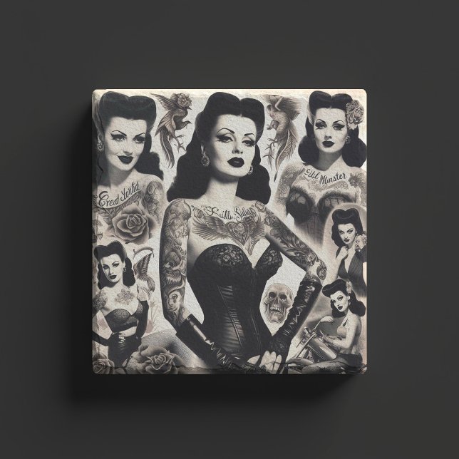 Vintage-Tätowierte-Goth-Frau-Collage Steinuntersetzer (Von Creator hochgeladen)