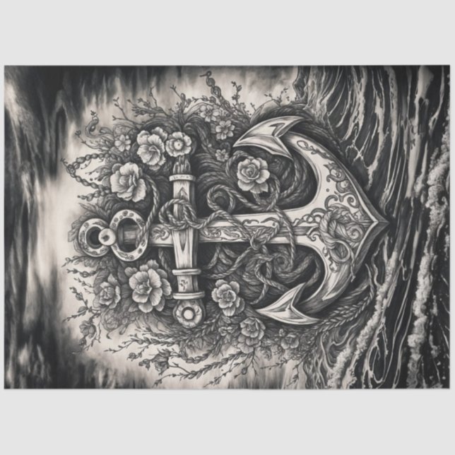 Vintage Tattoo Anchor - Schwarz-Weiß-Decoupage Seidenpapier (Vorderseite)