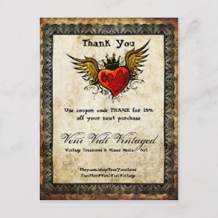 Vintage-Tattoo geflügeltes Herz Danke-Gutschein Postkarte