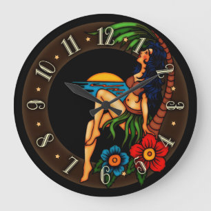Vintage-Tattoo-Insel-Sonnenuntergang Große Wanduhr