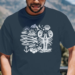 Vintage-Tattoo-Ozean Schwarz-Weiß-Nautik T-Shirt