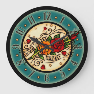 Vintage-Tattoo-Rose meines Herzens Große Wanduhr