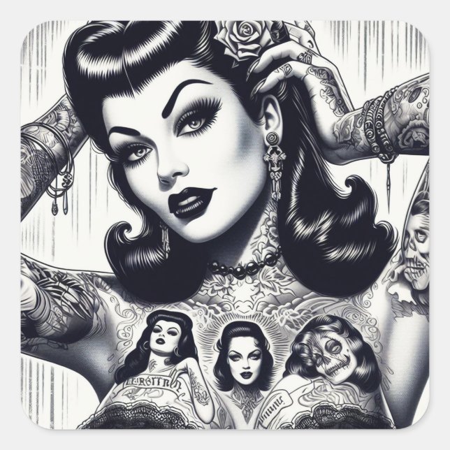 Vintage Tattooed Goth Girl Quadratischer Aufkleber (Vorderseite)