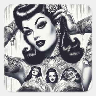 Vintage Tattooed Goth Girl Quadratischer Aufkleber