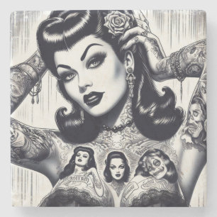 Vintage Tattooed Goth Girl Steinuntersetzer