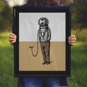 Vintage-Taucher-Illustration Farbblock Poster
