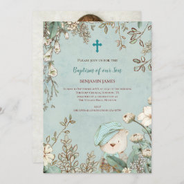 Vintage Taufe Niedlich Bären Foto Blätter Baby Boy Einladung