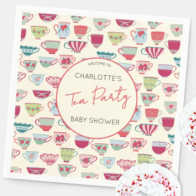 Vintage Tea Party Baby Shower Teacup Serviette (Modern vintage baby shower tea party teacup pattern personalized party paper napkins)
