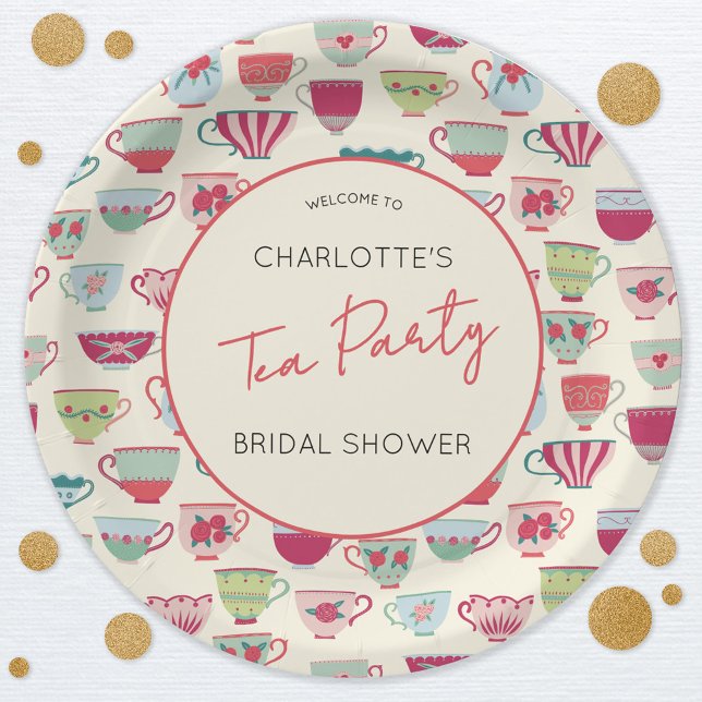Vintage Tea Party Bridal Shower Pappteller (Modern vintage teacup pattern personalized bridal shower tea party paper plates)