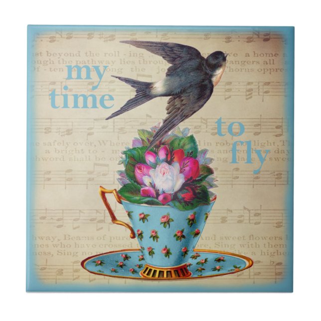Vintage Teacup-Rosen und Fliegen-Schwalben-Vogel Fliese (Vorderseite)