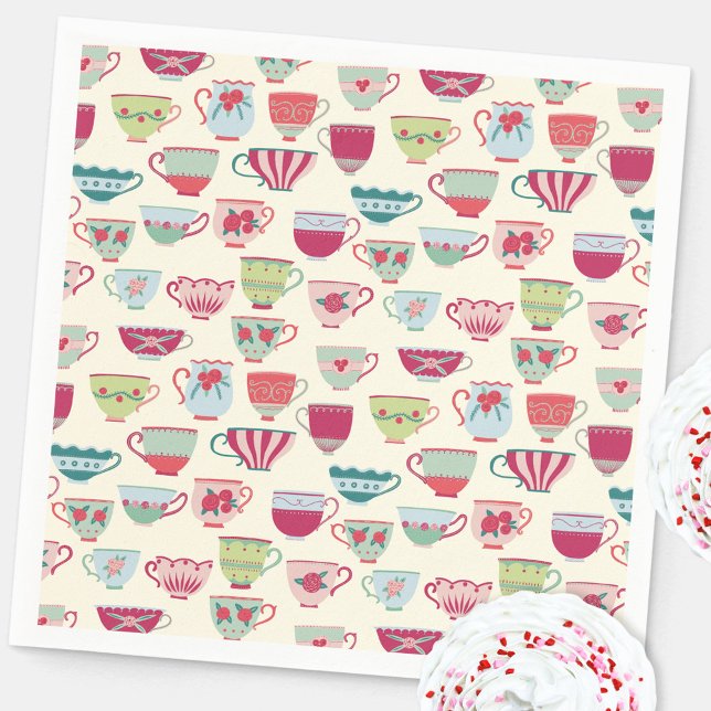 Vintage Teacup Tea Party Serviette (Modern vintage teacup tea party pattern paper napkin for celebrations and events)