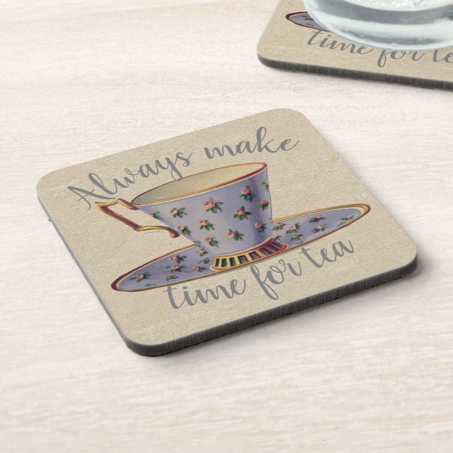 Vintage Teacup Time for Tea Getränkeuntersetzer (Linke Seite)