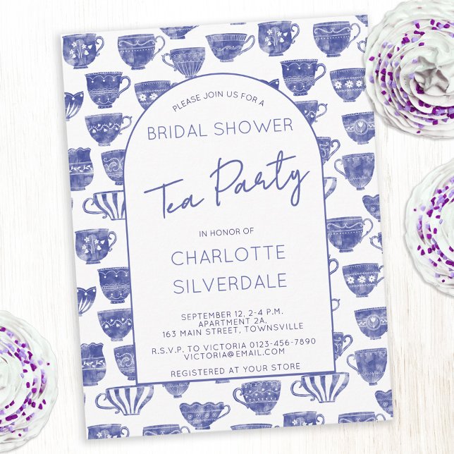 Vintage Teacup Watercolor Tea Party Bridal Shower Postkarte (Antique vintage teacup watercolor blue pattern tea party bridal shower invitation postcard)