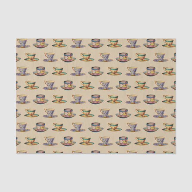 Vintage Teacups-Muster-Beige Seidenpapier (Vorderseite)
