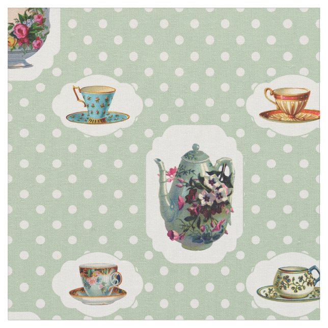 Vintage Teakups und Polka Docks Stoff (Nahaufnahme)