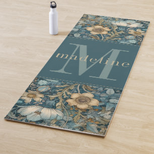 Vintage Teal Blumenmuster William Morris Monogramm Yogamatte