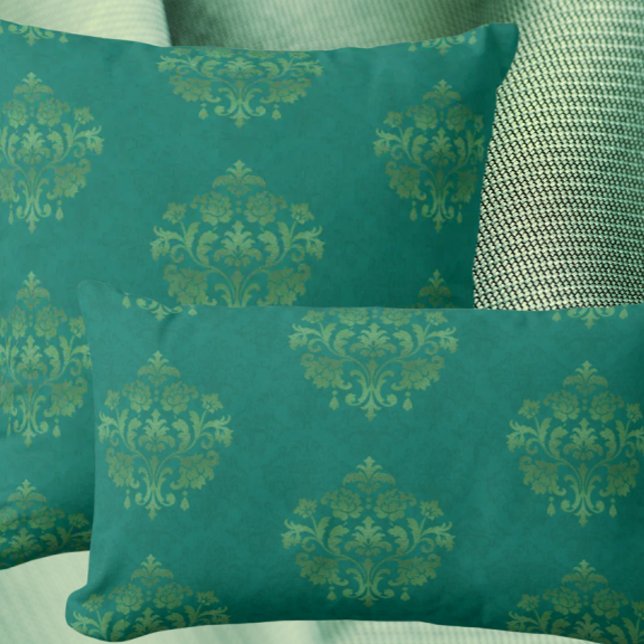 Vintage Teal Damask Gold Medallians Throw Pillow Kissen (Antique teal damask elegance!)
