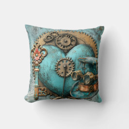 Vintage Teal Heart with Gears Steampunk Art Kissen