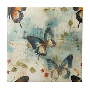 Vintage Teal Orange Schmetterling Botanik Fliese