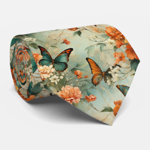 Vintage Teal-Schmetterling Orange Blumen Garten Krawatte
