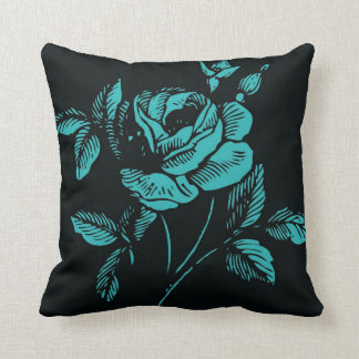 Vintage Teal- und Schwarz-Rosenillustration Kissen