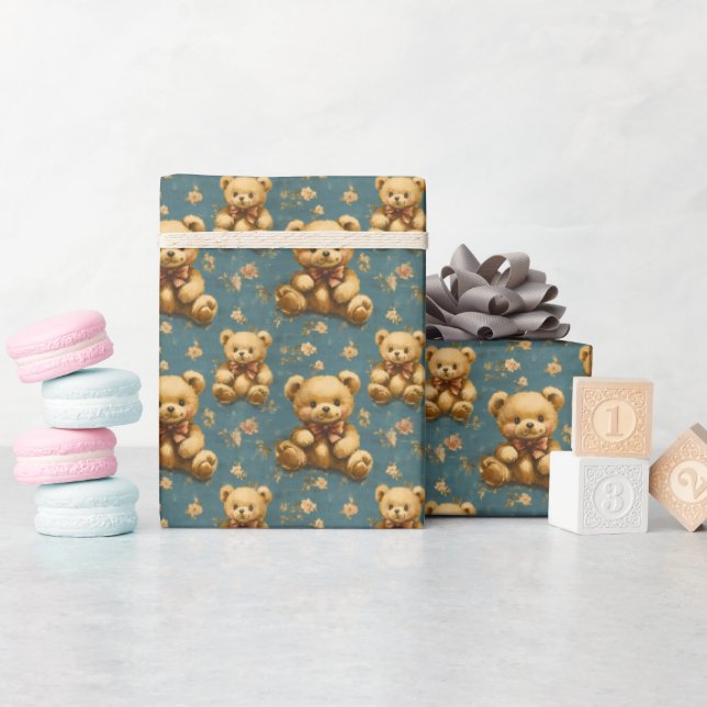 Vintage Teddy Bears auf Blue Geschenkpapier (Babyparty)