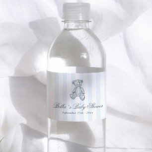 Vintage-Teddybär Blaue Streifen Jungen-Baby-Party Wasserflaschenetikett