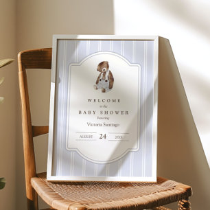 Vintage-Teddybär-Blue-Pinstripe-Willkommensschild Poster