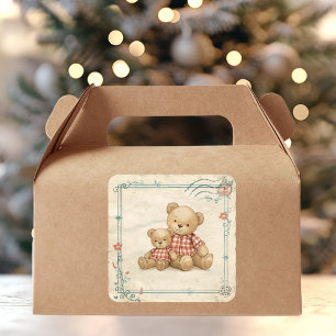 Vintage-Teddybär-Duo Rotkariertes Poststempel  Quadratischer Aufkleber
