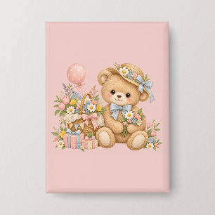 Vintage-Teddybär-Feier mit Wildblumen Button