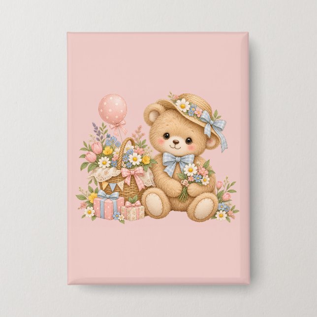 Vintage-Teddybär-Feier mit Wildblumen Button (Vorderseite)
