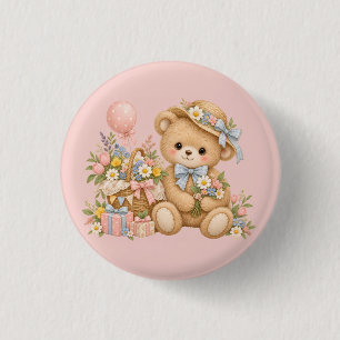 Vintage-Teddybär-Feier mit Wildblumen Button