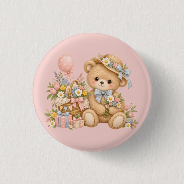 Vintage-Teddybär-Feier mit Wildblumen Button (Vorderseite)