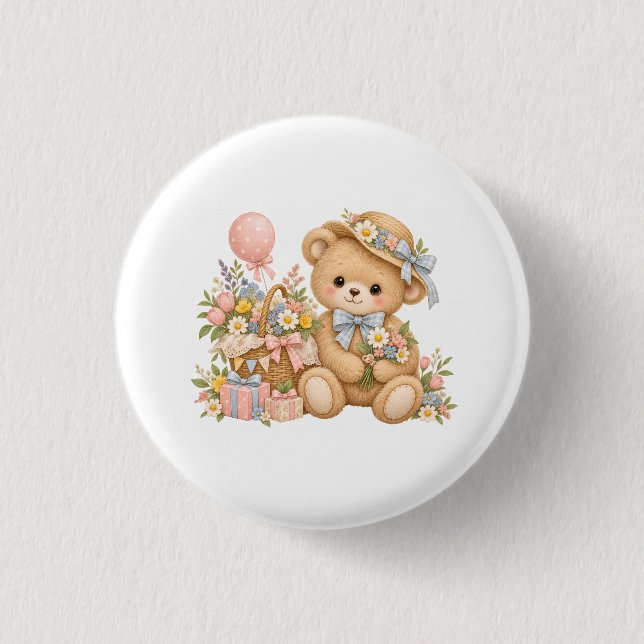 Vintage-Teddybär-Feier mit Wildblumen  Button (Vorderseite)