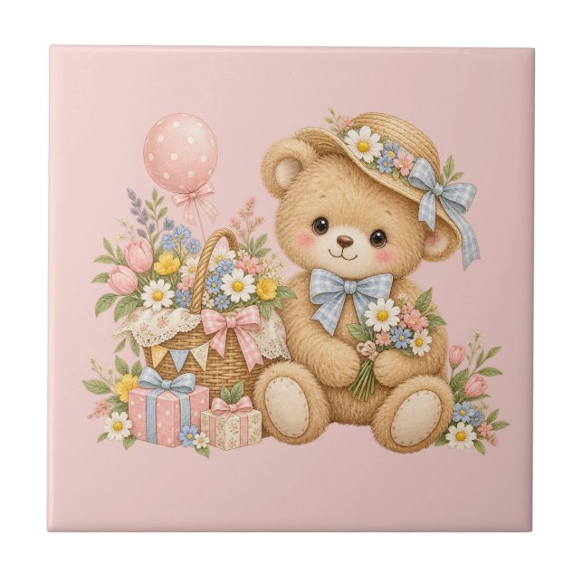 Vintage-Teddybär-Feier mit Wildblumen Fliese (Vorderseite)