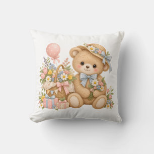 Vintage-Teddybär-Feier mit Wildblumen Kissen