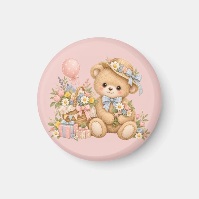 Vintage-Teddybär-Feier mit Wildblumen Magnet (Vorne)