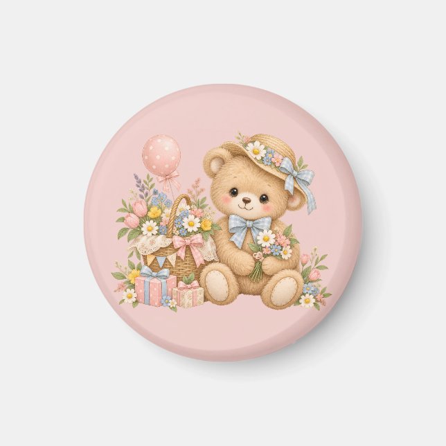 Vintage-Teddybär-Feier mit Wildblumen  Magnet (Vorne)